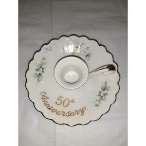 Lefton China 50th Anniversary Candlestick Candle Holder Handle Gold Trim 1103